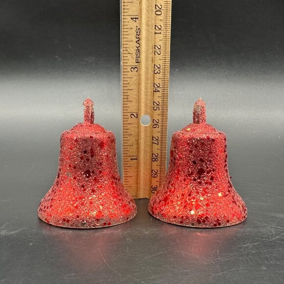 Vintage Christmas Ornaments Plastic Bell Set Of 2 Red Glitter Mid Century Modern - Picture 8 of 8